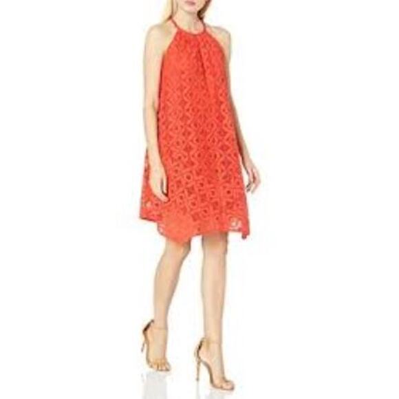MAGGY LONDON Orange Lace Overlay Strappy Colorful Fun Sleeveless Swing Dress 4 - Picture 1 of 11